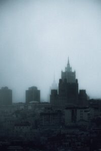 View on city in fog